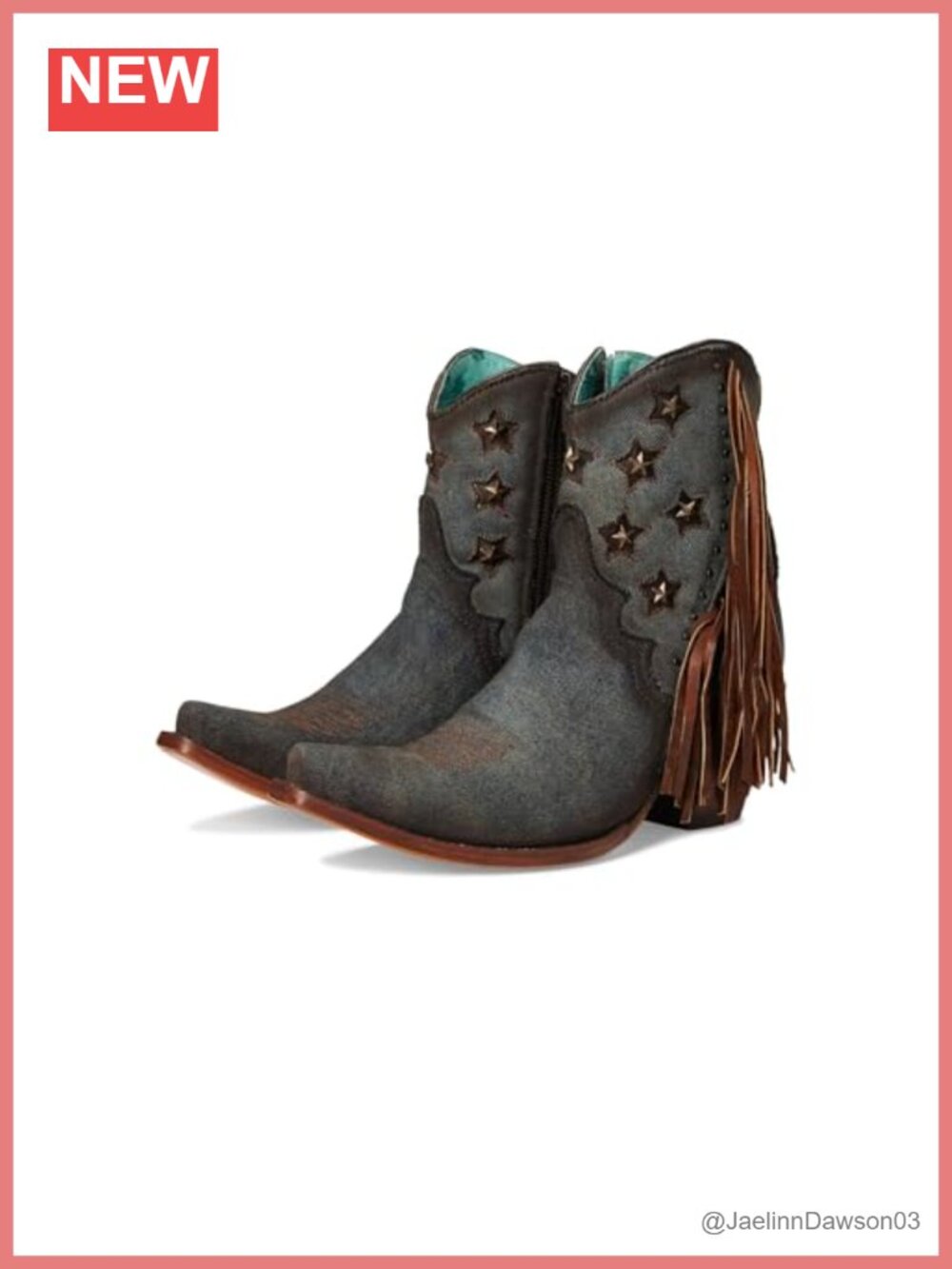 Denim Ankle Boots with Fringe Star Studs Snip Toe Leather Lining